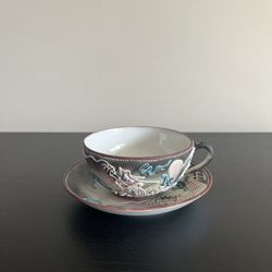 Vintage Japanese Dragonware Moriage Teacup Saucer Set Handpainted Dragon 1950s