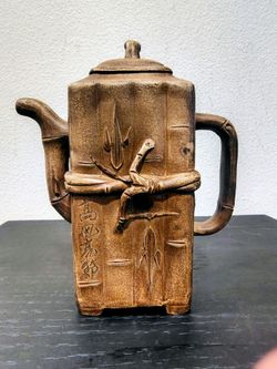 Teapot - Yixing Zisha Bamboo Square | Stamped Seals | Pristine Functional | 6" Tall