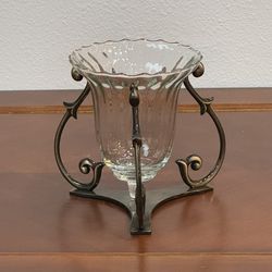 Beautiful Brass and Glass Candle Holder  - 6”H X 7”W
