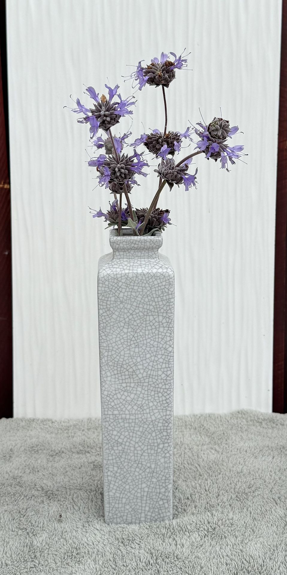 Vintage Decorative White Ceramic Vase Crackled Gray Glaze Finish 11"H