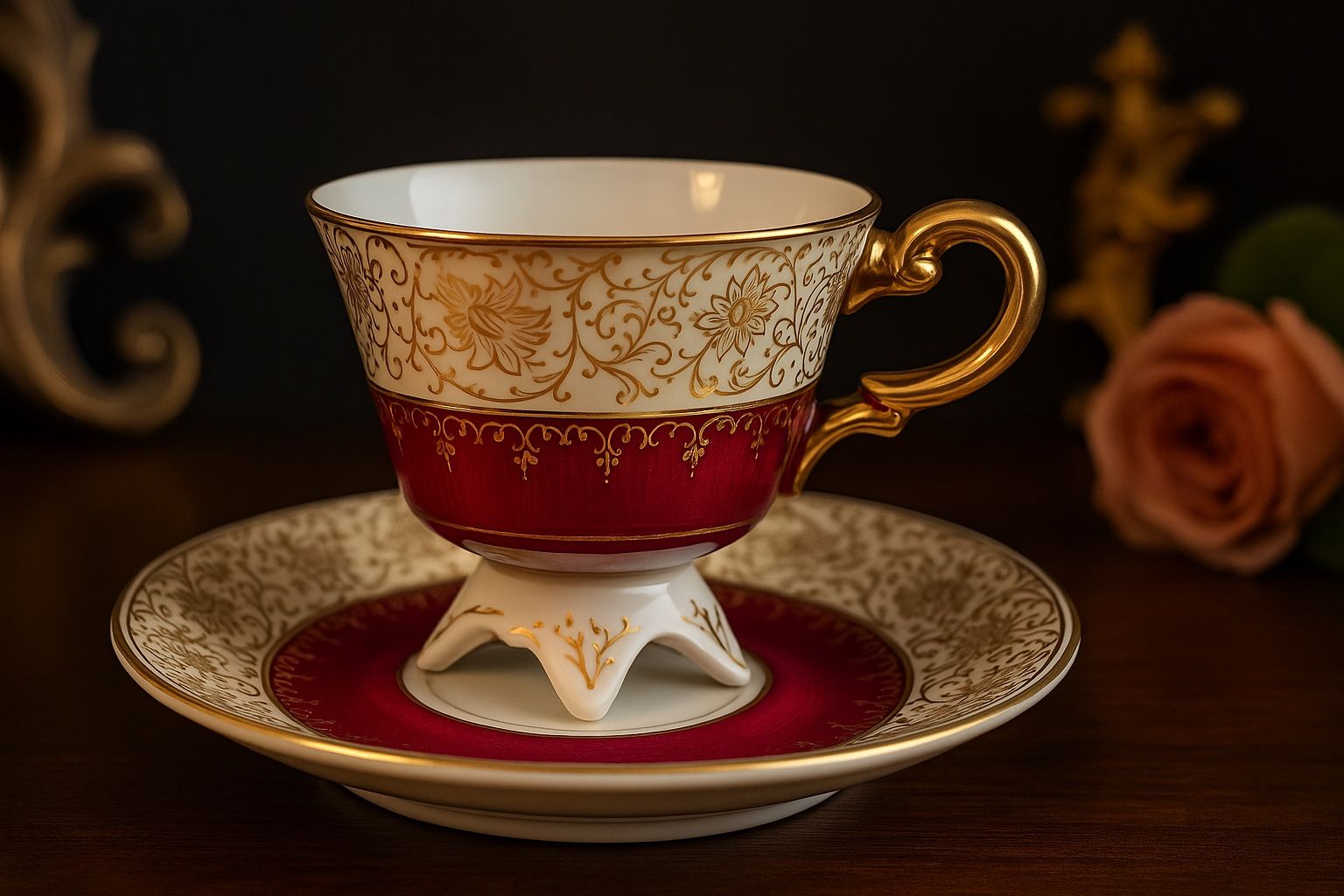 Richard Japan 1950s Red & Gold Pedestal Demitasse Teacup & Saucer