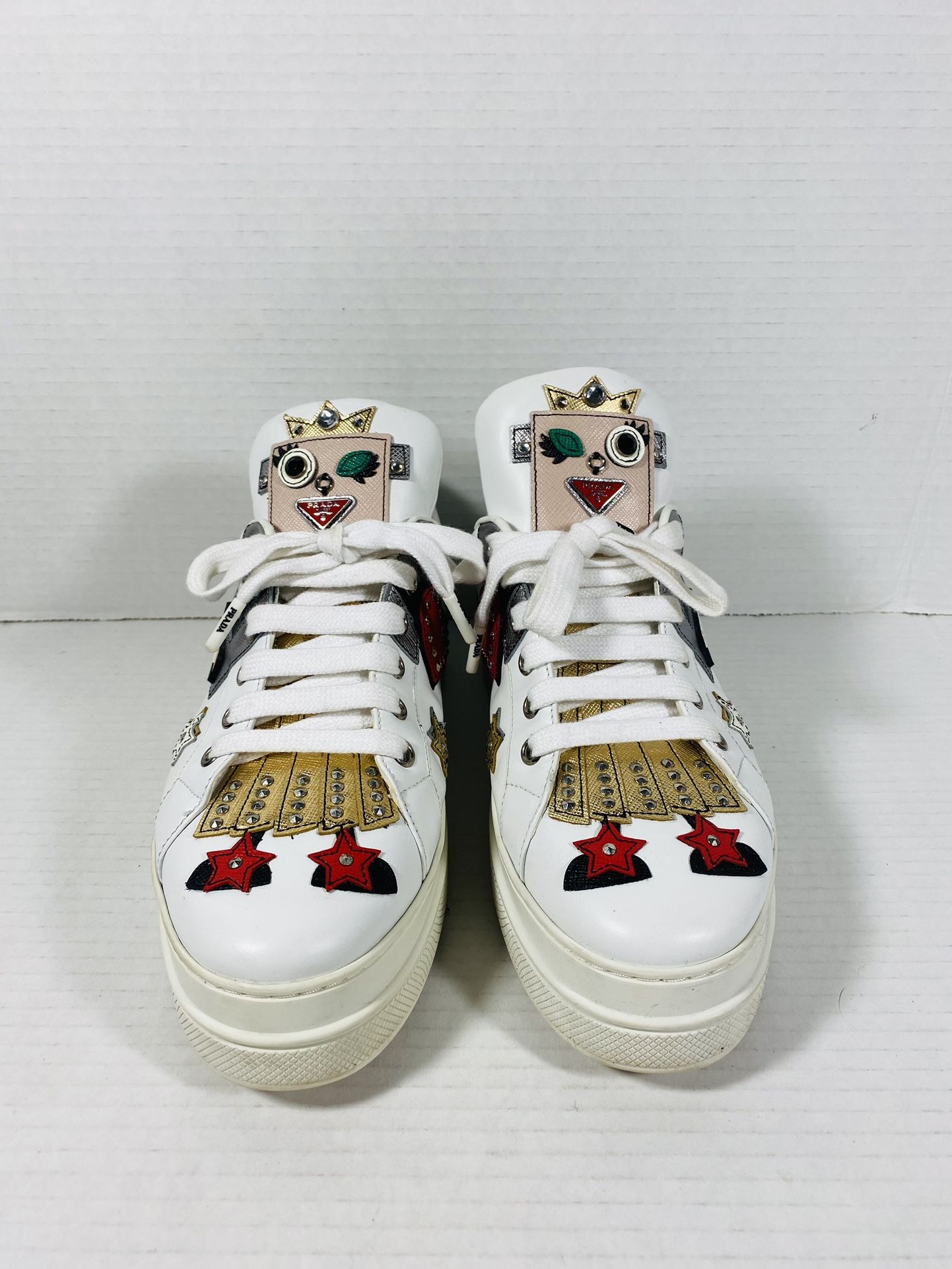 PRADA Robot Queen patchwork embellished white platform sneakers. EU 38 1/2. US 8