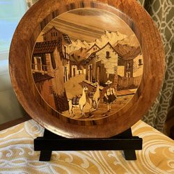 Vintage Inlaid Marquetry Wood Village Town Scene Round Plaque