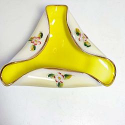 Nasco Glass Bowl, Yellow, White, Vintage Hand Blown Glass, Hand Painted Flowers