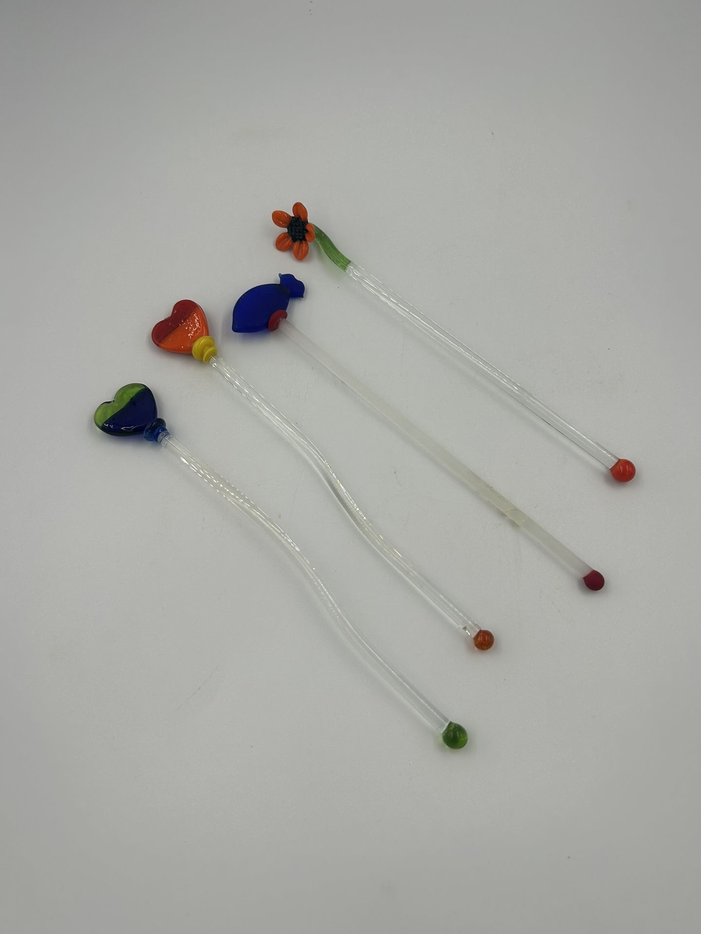 4 Glass Swizzle Sticks/Drink Stirrers Hearts, Flower, And Fish On Ends