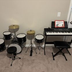 RockJam Keyboard Piano w/ Stand & Stool, Gammon Percussion 5-Piece Drum Kit w/ Cymbals, Sticks, & Throne