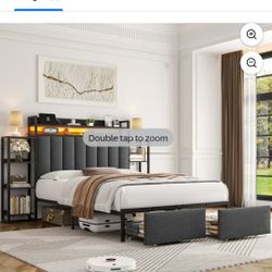 Keyluv Homfa Queen Metal Bed Frame with Drawer and LED Lights, Platform Bed with Charging Station and Side Shelves, Linen Grey