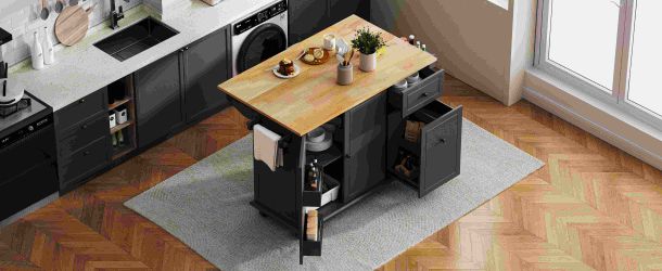 Kitchen Island with Drop Leaf, 53.9 Width Rolling Kitchen Cart on Wheels with Internal Storage Rack and 3 Tier Pull Out Cabinet Organizer, Kitchen Sto