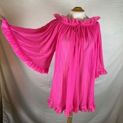 Vintage 60s 70s GMC Fuschia Angel Sleeve Babydoll Nightgown Pleated Ruffled Sz S