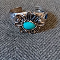 Vintage Mexican  "HOB/House Of Bangles" 925 Sterling Silver  & Turquoise  Cuff Bracelet  (Signed)