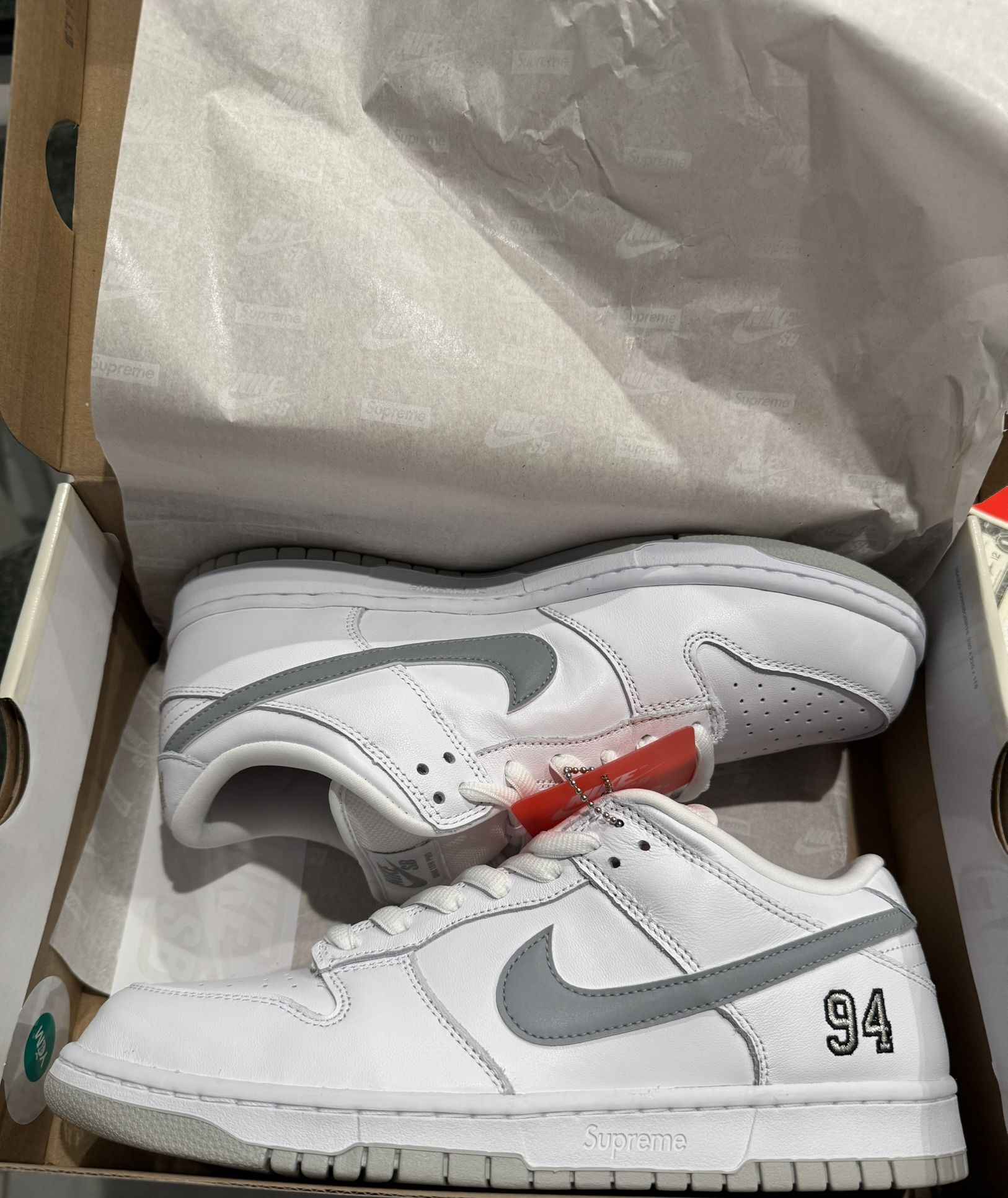 Nike SB Dunk Low Supreme 94 White Metallic Silver Size 10.5