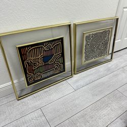Vinatge 70s Mola Textile art with gold frame measures 22" x 24" inches