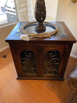 Photo Custom, Hand made Mexican End/Side Table with Glass & Wrought Iron Top in Dark Brown