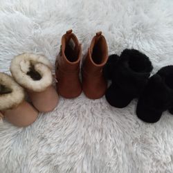 Black Fur Booties Size 0. Pink Fur Booties Size 1, Brown Leather Look Boots Size 1    All  Three For $35