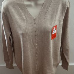 NWT Women’s Beige Pearl Beading V-neck Cottagecore Sweater, size M