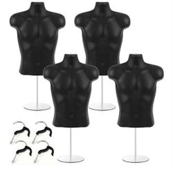 New 4 Pack Male Mannequin Torso Half Body Mannequin with Stand and Hanging Hook Stackable Dress Form Hollow Back for Tshirt Display, Countertop, Craft