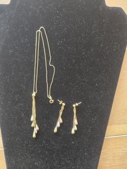 Solid 14k Tri Color Beaded Teardrop Necklace And Dangling Earrings Set