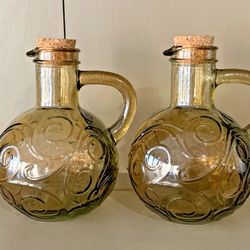 Set of 2 Amber Brown Colored Corked Cruets/Pitchers 5-1/2 inches
