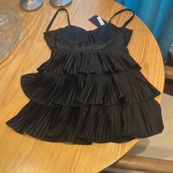 Black Pleated Tiered Dress