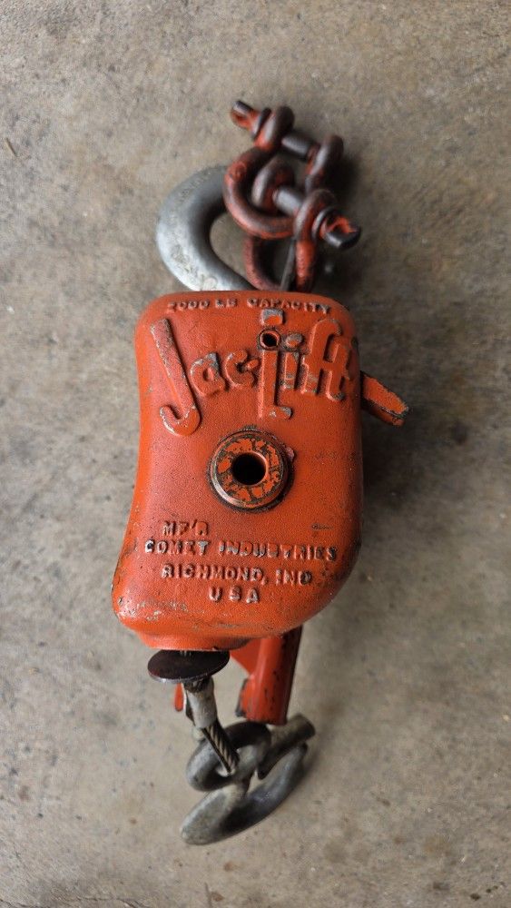 Vintage Jac-Lift by Comet Mechanical Engine Hoist Industrial Salvage Rigging Hooks Pulley Cable 2000 lb Capacity Hanging Repurpose Project