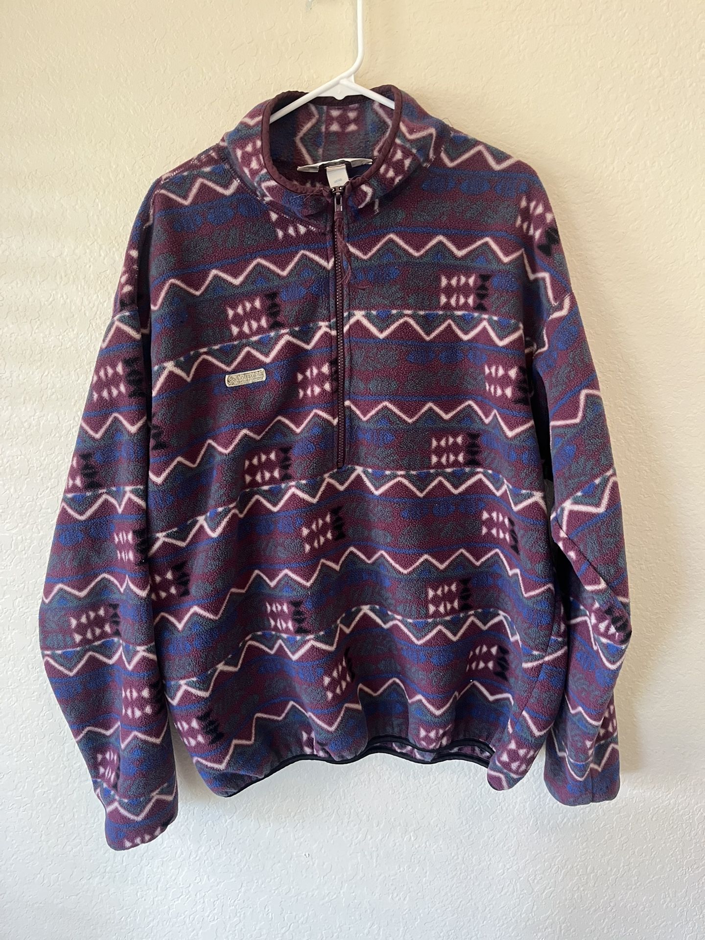 Vintage Columbia Fleece Pullover Mens XL Purple Aztec Geometric Snap USA 90s