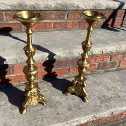 Vtg.Pair Large Brass Candlesticks Baroque Style 19” Church Pillar Candle Holders Preowned 