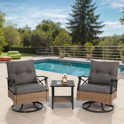 3-Piece Wicker Outdoor Rocking Chair Set with Gray Cushion, 2-Swivel Chairs and Square Table, Brown