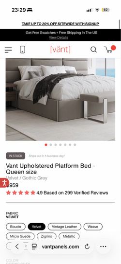Queen Vant Upholstered Platform Bed, Bench and Beauty Rest Mattress Pillowtop