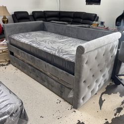 Gray Velvet Tufted Daybed + Trundle $699 - 2 Twin Beds, $50 Down