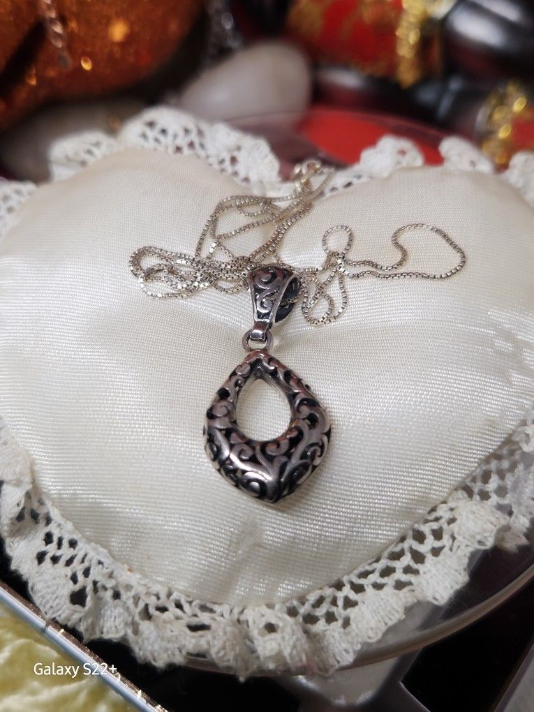 Solid 925 Sterling Silver Filigree Drop Necklace 18"