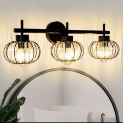 Pack Modern Crystal Vanity Light 3-Lights For Bathroom Matte Black Crystal Bath Wall Light Fixtures (Black, 3 Lights-Lantern)