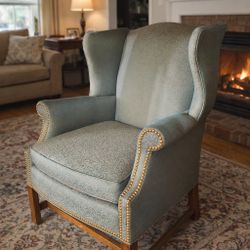 Classic Wingback Armchair w/ Nailhead Trim – Solid Wood Legs