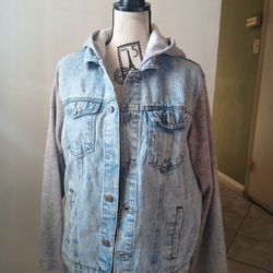 Original Use Hooded Denim Jacket Grey Sleeves Size L