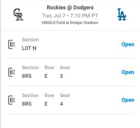 7/7 Dodgers vs Rockies 2 tickets and preferred parking
