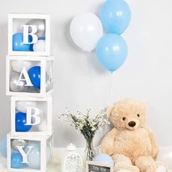 He's Coming!! It's A Boy!!! Blue & White Baby Shower Boxes + Balloons 