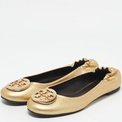 Genuine Tory Burch Metallic Gold Round Toe Ballet Flats
