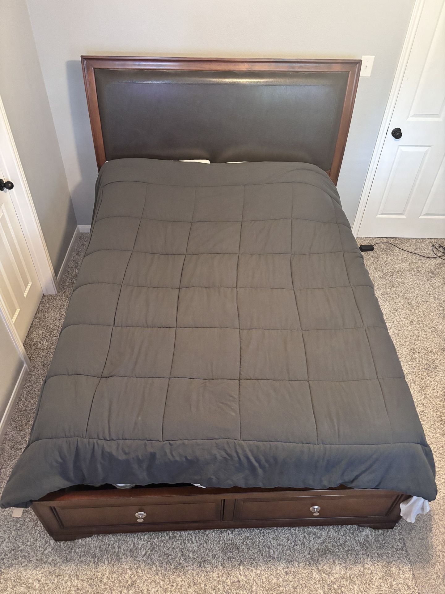 Queen Size Bed With Mattress, Wooden Frame,And Leather Headboard