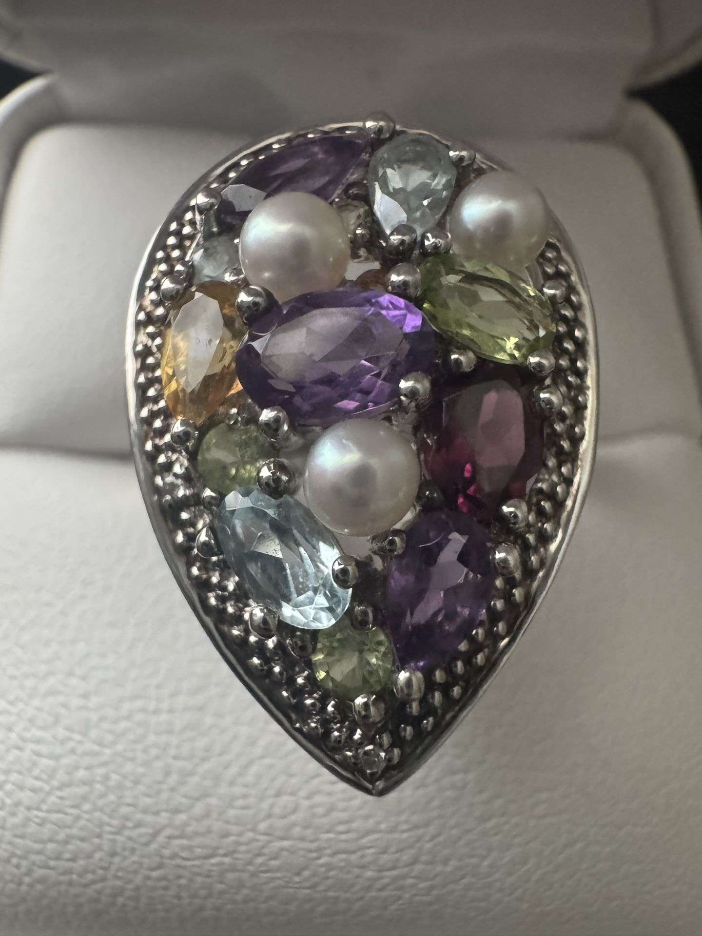 Sterling Silver Multi Gemstone Pear Shape Cluster Ring Size 6