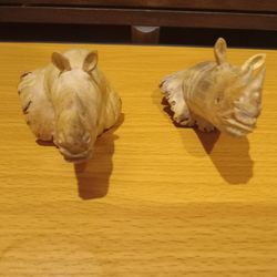 Pair Of Hand Carved Rhino's From Tree Stump