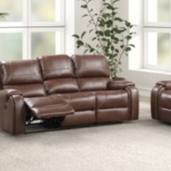 Brand New Brown Leather 3pc Reclining Sofa Set