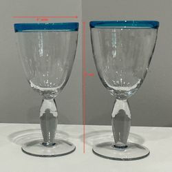 Pair of Aqua Rimmed Hand Blown Thick Glass Goblets or Wine Glasses
