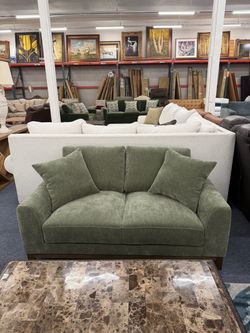 Green Fabric Loveseat with Wood Base