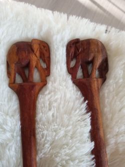 Vintage Carved Wood Elephant Serving Utensils