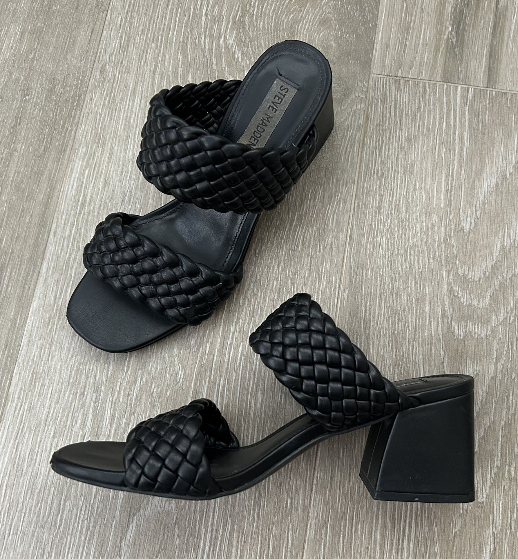 Steve Madden Tielo Woven Braided Heeled Sandals Block Heel Slip On Black
