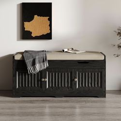 Shoe Bench,Entryway Storage Bench with Lift Top Cushion Seat & Hidden Space, Bedroom End of Bed Bench with 3-Sided Geometric Wavy Fluted for Hallway (