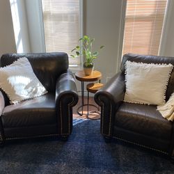 2 Overstuffed Brown Leather Armchairs 