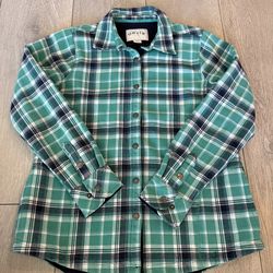 Orvis Fleece Shirt Jacket Womens Medium Green and Blue Plaid Fleece Lined Snap with Pockets