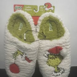 Dr Seuss Green Grinch Christmas Santa Hat Slippers Slides Woman’s sz 11/12 LARGE