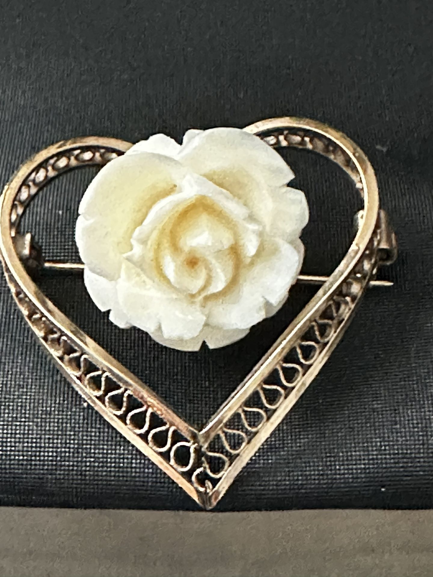 Gold Filled Filagree Carved White celluloid Flower by Van Lou Vintage Pin