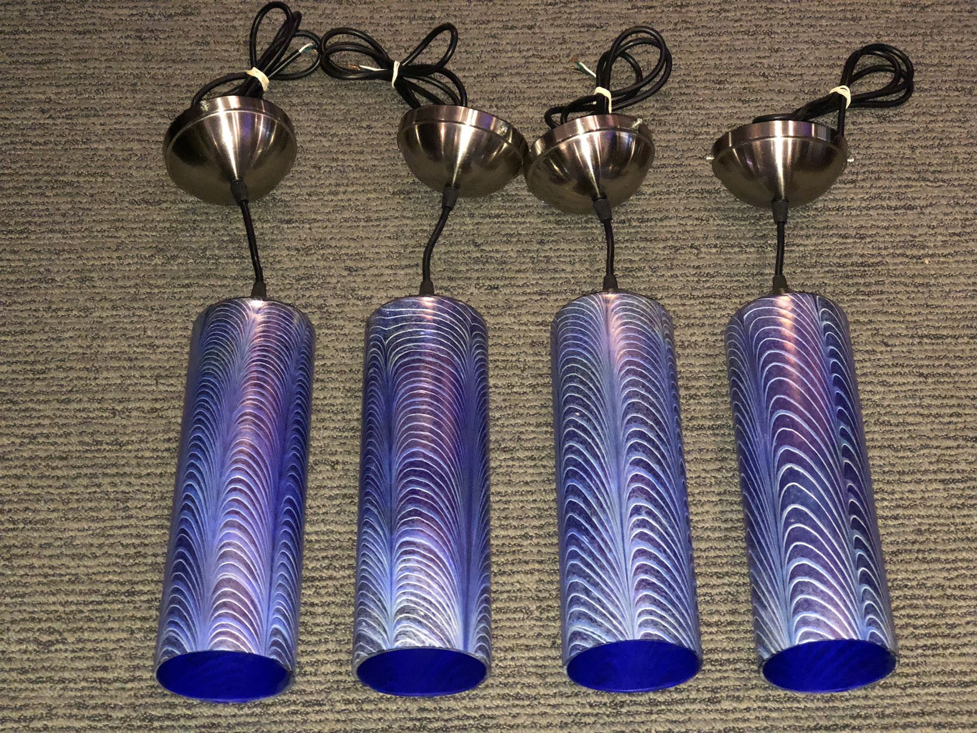Four Cobalt Blue Iridescent Glass Ceiling Lights Stainless Steel Fixtures